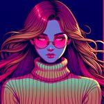 Design a digital illustration featuring a young woman with the following characteristics:
Hair: Long, intricately braided, neon-brown hair that appears to glow with an inner light.
Glasses: Round frames in bright pink.

Clothing: Stylish, electric-beige turtleneck sweater with a subtle iridescent shimmer.
Eyes: Piercing, intense hot-pink eyes that convey a sense of inner intensity.
Expression: Serious, contemplative facial expression that suggests a complex inner world.

The illustration should be set against a minimalist background of deep, rich indigo to emphasize the character's striking appearance and emotional depth.

The art style should emulate classic 1990s Japanese manga, characterized by clean lines, exaggerated features, and a vibrant color palette dominated by shades of neon pink, electric blue, and radiant orange. The overall mood should be introspective yet effortlessly cool, capturing the iconic aesthetic and nostalgic feel of 90s manga.

To enhance the visual impact, incorporate subtle gradient effects into the character's hair, sweater, and glasses to create a sense of depth and dimensionality. The neon-brown hair should appear to glow softly, as if infused with a pulsing energy. The hot-pink eyes should be strikingly bright, immediately drawing the viewer's attention.

The background, while simple, should have a subtle texture and a slight gradient effect, deepening to a rich purple at the edges, to create a sense of atmosphere and mood.

The final result should be a powerful, stylized portrait that would fit seamlessly into a panel of a masterfully crafted manga series. The character should appear to leap off the page, her vibrant colors and striking appearance captivating the viewer.