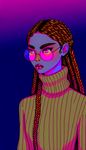 Design a digital illustration featuring a young woman with the following characteristics:
Hair: Long, intricately braided, neon-brown hair that appears to glow with an inner light.
Glasses: Round frames in bright pink.

Clothing: Stylish, electric-beige turtleneck sweater with a subtle iridescent shimmer.
Eyes: Piercing, intense hot-pink eyes that convey a sense of inner intensity.
Expression: Serious, contemplative facial expression that suggests a complex inner world.

The illustration should be set against a minimalist background of deep, rich indigo to emphasize the character's striking appearance and emotional depth.

The art style should emulate classic 1990s Japanese manga, characterized by clean lines, exaggerated features, and a vibrant color palette dominated by shades of neon pink, electric blue, and radiant orange. The overall mood should be introspective yet effortlessly cool, capturing the iconic aesthetic and nostalgic feel of 90s manga.

To enhance the visual impact, incorporate subtle gradient effects into the character's hair, sweater, and glasses to create a sense of depth and dimensionality. The neon-brown hair should appear to glow softly, as if infused with a pulsing energy. The hot-pink eyes should be strikingly bright, immediately drawing the viewer's attention.

The background, while simple, should have a subtle texture and a slight gradient effect, deepening to a rich purple at the edges, to create a sense of atmosphere and mood.

The final result should be a powerful, stylized portrait that would fit seamlessly into a panel of a masterfully crafted manga series. The character should appear to leap off the page, her vibrant colors and striking appearance captivating the viewer.
